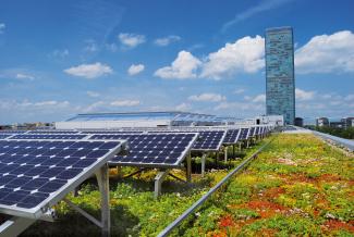 The green roof on the Technology centre in Munich, Germany, increases the efficiency of the solar plant because of the steady cooling of the ambient temperature. Green roof and photovoltaics